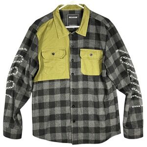 Reason Flannel Shirt Mens L Grey Black Buffalo Plaid Barbed Wire Streetwear